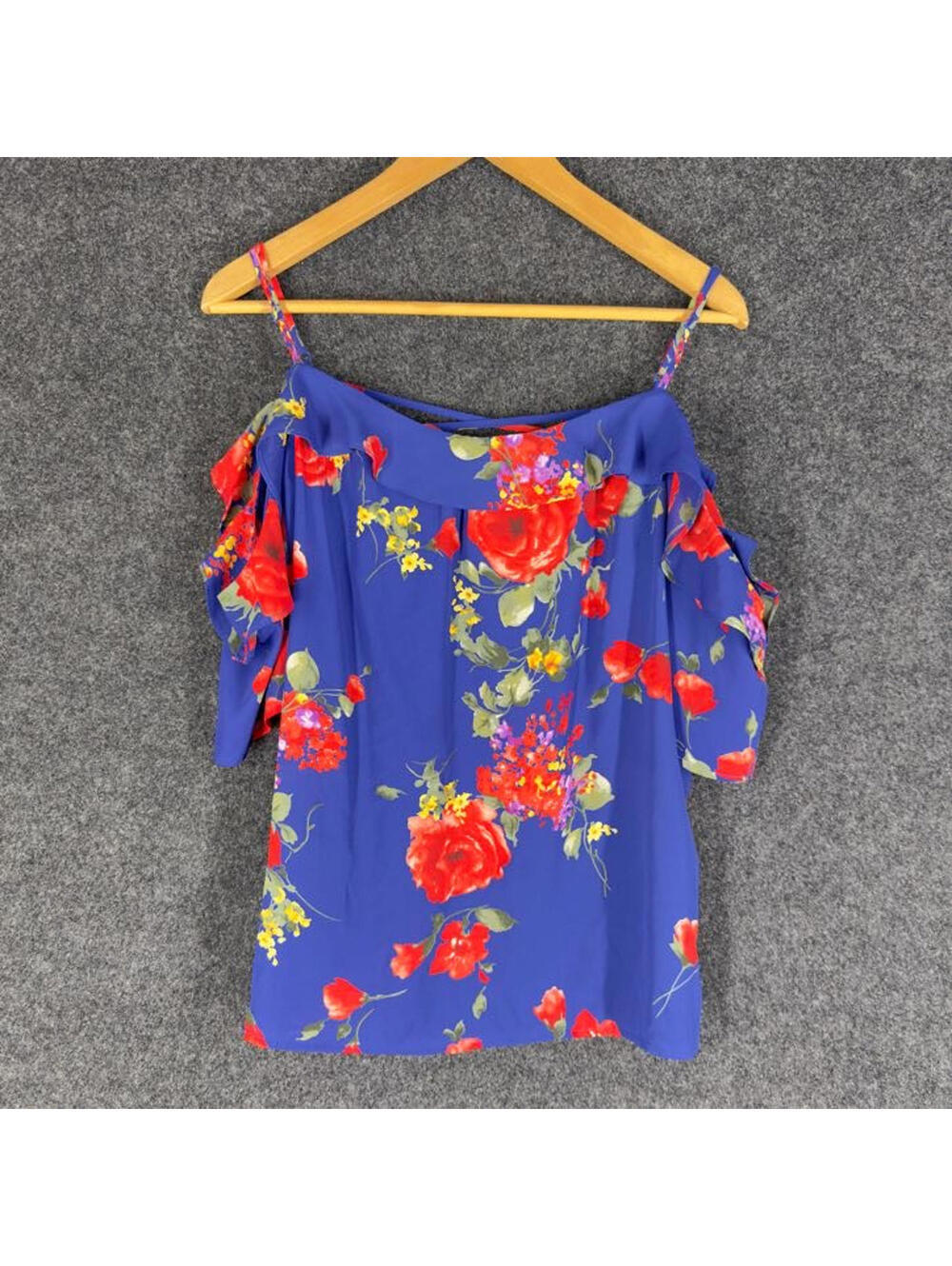 Skies Are Blue Blouse Women L Large Blue Floral Cold Shoulder Short Sleeve